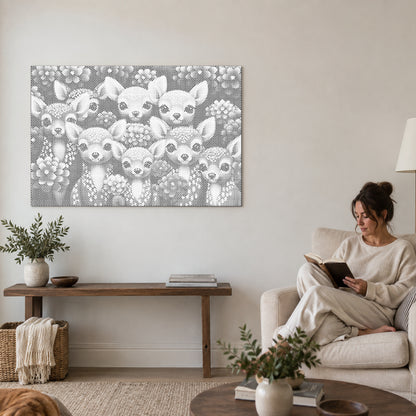 Toile de peinture par points “Cerf en forêt”, sur le mur d’un salon, avec une personne lisant dans un fauteuil à côté.