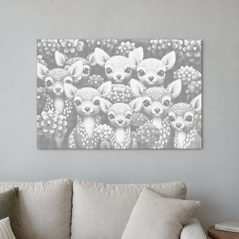 Toile de peinture par points “Cerf en forêt”, sur un mur clair dans une pièce baignée d’une lumière douce.