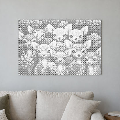 Toile de peinture par points “Cerf en forêt”, sur un mur clair dans une pièce baignée d’une lumière douce.
