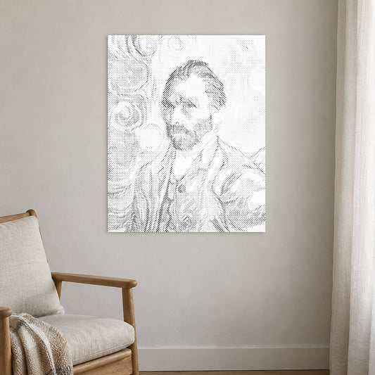 Toile de peinture par points “Autoportrait de Vincent van Gogh”, sur un mur clair dans une pièce baignée d’une lumière douce.