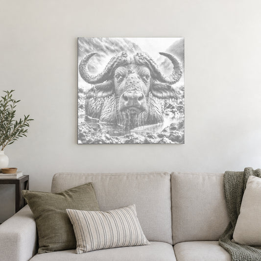 Toile de peinture par points “Buffle d’eau”, sur un mur clair dans une pièce baignée d’une lumière douce.