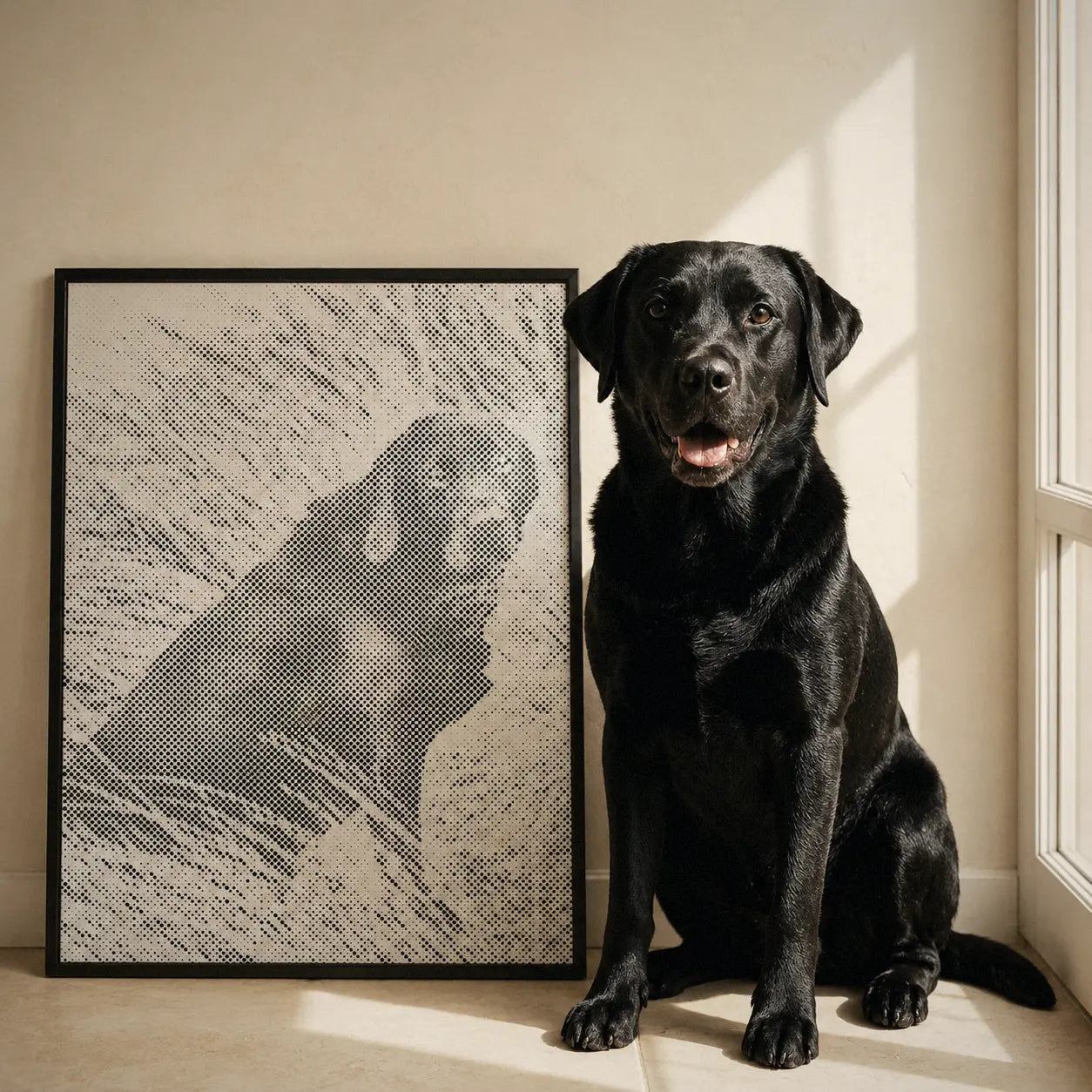 Photo transformée en peinture par points avec chien à côté de l’œuvre terminée