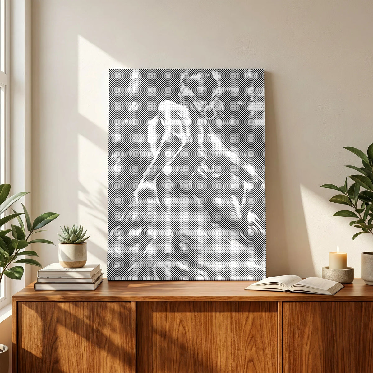 Gros plan de la toile de danseuse Poésie en mouvement sur une console en chêne, près de plantes et de livres.