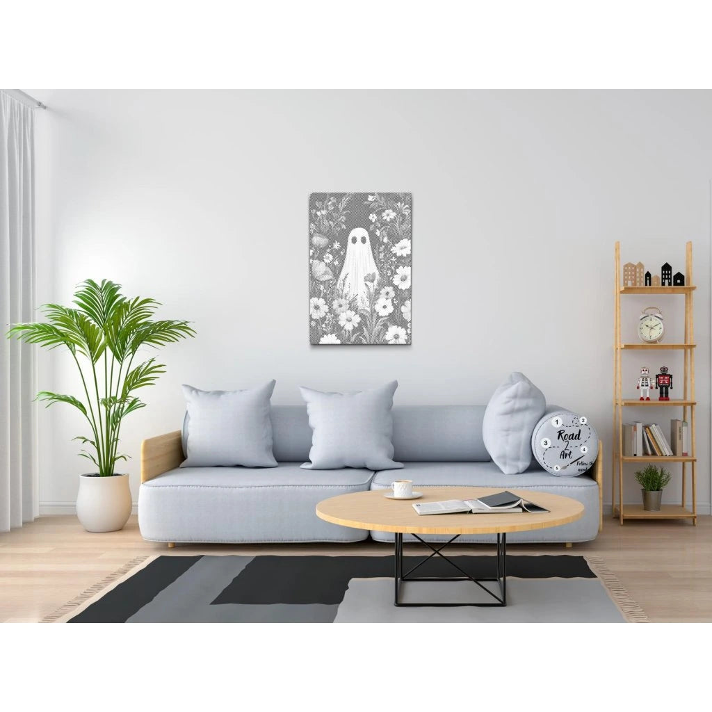 Punktmalerei Leinwand – niedliches Geistermotiv mit Blumenring