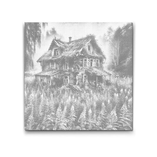 Dot Painting eines alten Hauses inmitten wilder Natur – verlassen und geheimnisvoll.