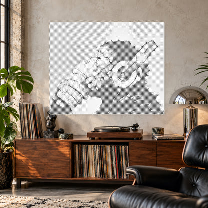 Peinture par points d’un singe avec un casque audio au-dessus d’un meuble à vinyles en noyer, sans cadre noir.