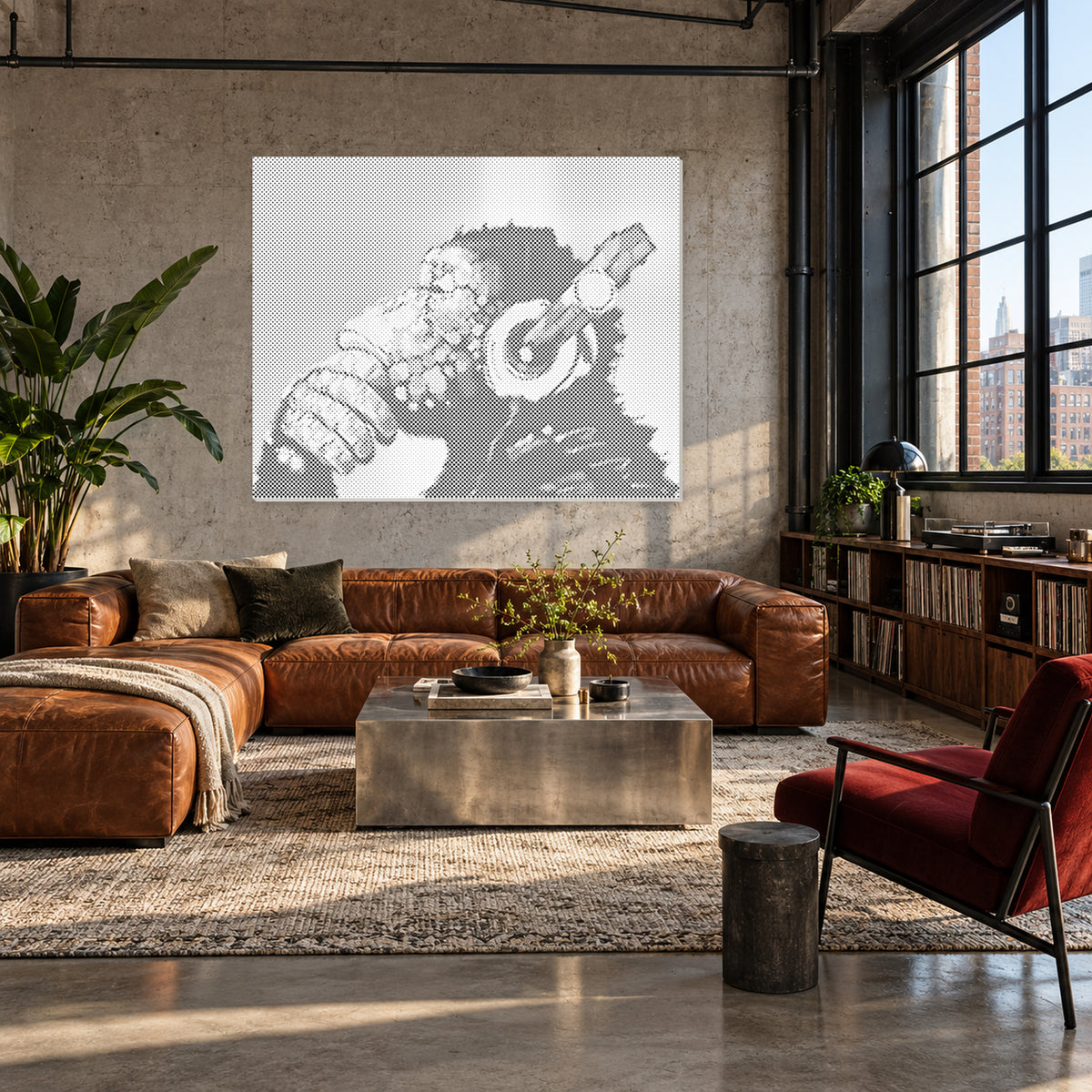 Peinture par points d’un singe avec un casque audio dans un loft industriel avec canapé en cuir cognac et vinyles.