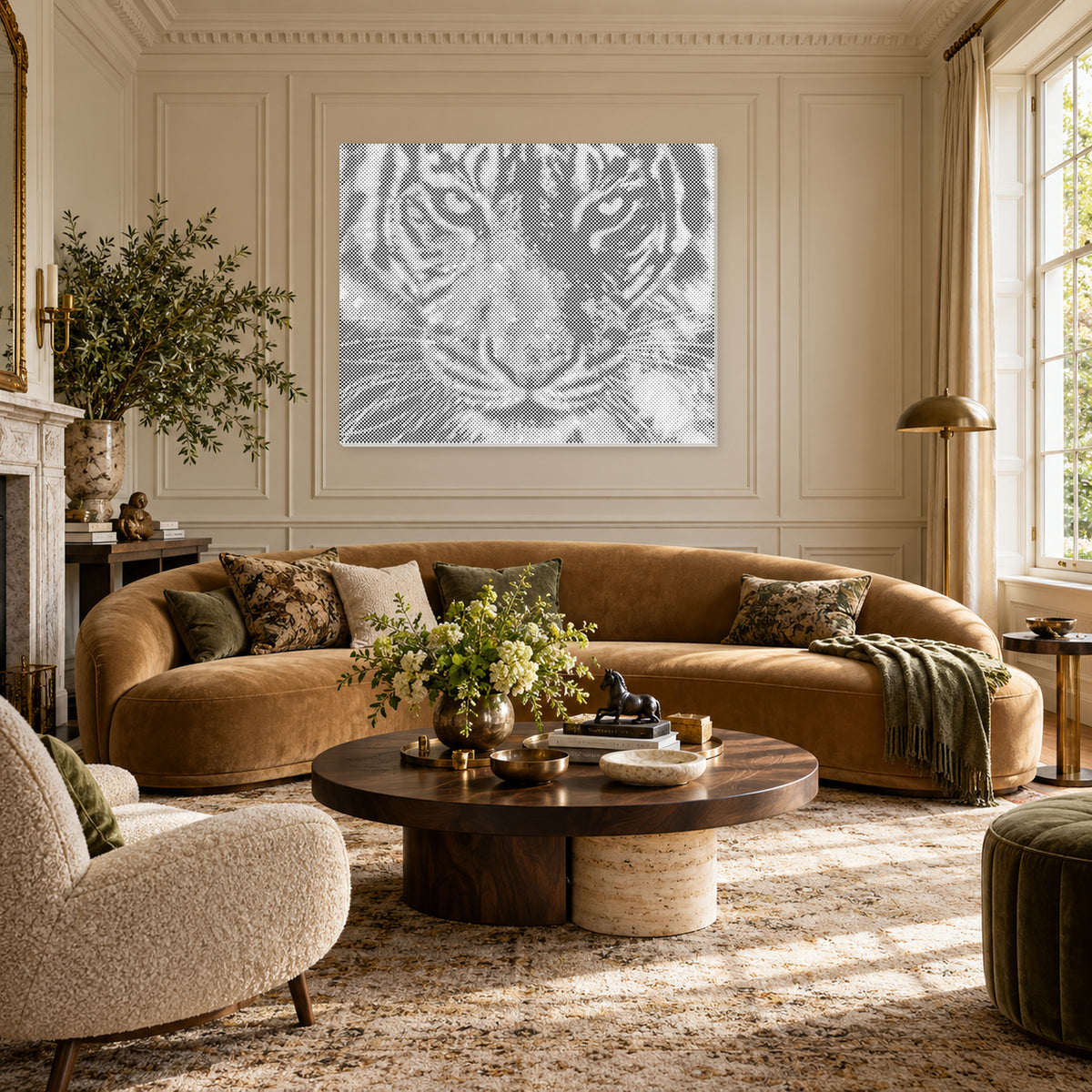 Majesté sauvage: Peinture par points d’un tigre dans un salon luxueux aux murs ivoire avec moulures et canapé en velours.