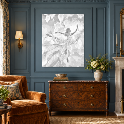 Grâce au vent en peinture par points dans un salon luxueux aux murs bleus moulurés, avec fauteuil en velours et commode en noyer.
