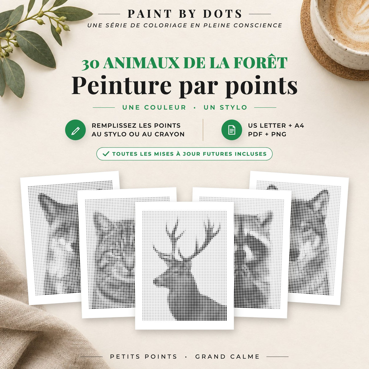 Couverture du livre Animaux de la forêt de peinture par points avec 30 motifs d'animaux de la forêt à imprimer