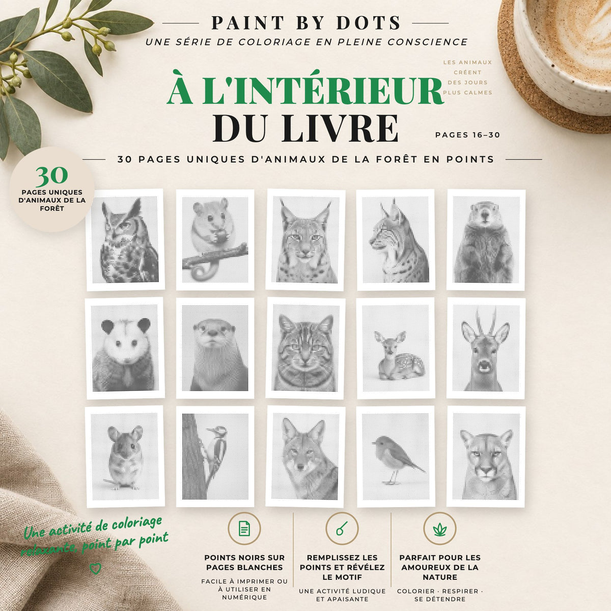 Aperçu des motifs Animaux de la forêt de peinture par points à imprimer, pages 16 à 30