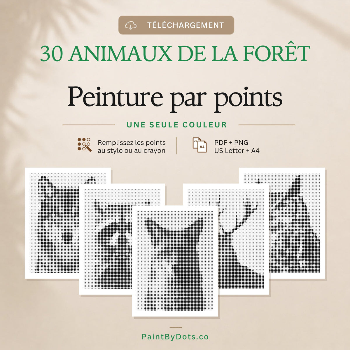 Animaux de la forêt en téléchargement numérique avec 30 pages de peinture par points à imprimer (dot painting)